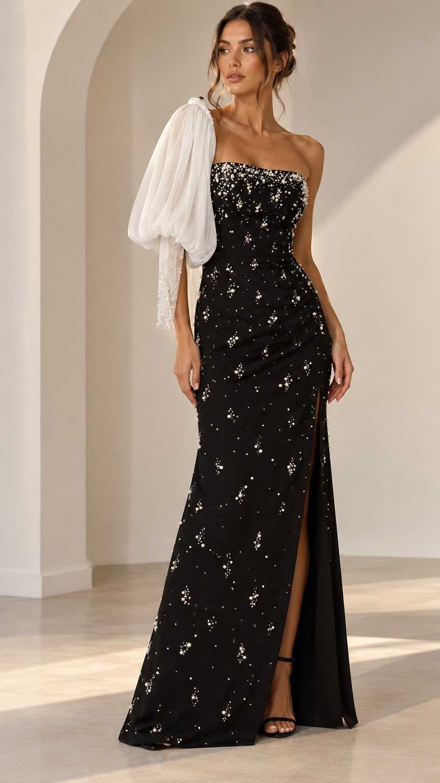 Black Pearl Evening Dress with White Draped Sleeves M